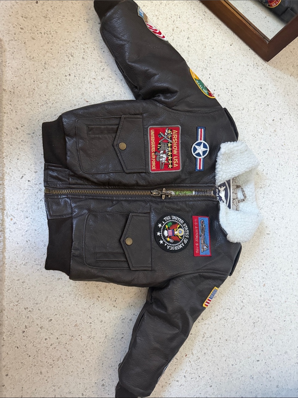 Top Gun Style Kids Dark Brown Faux Leather Pea Coat with White Sherpa Collar